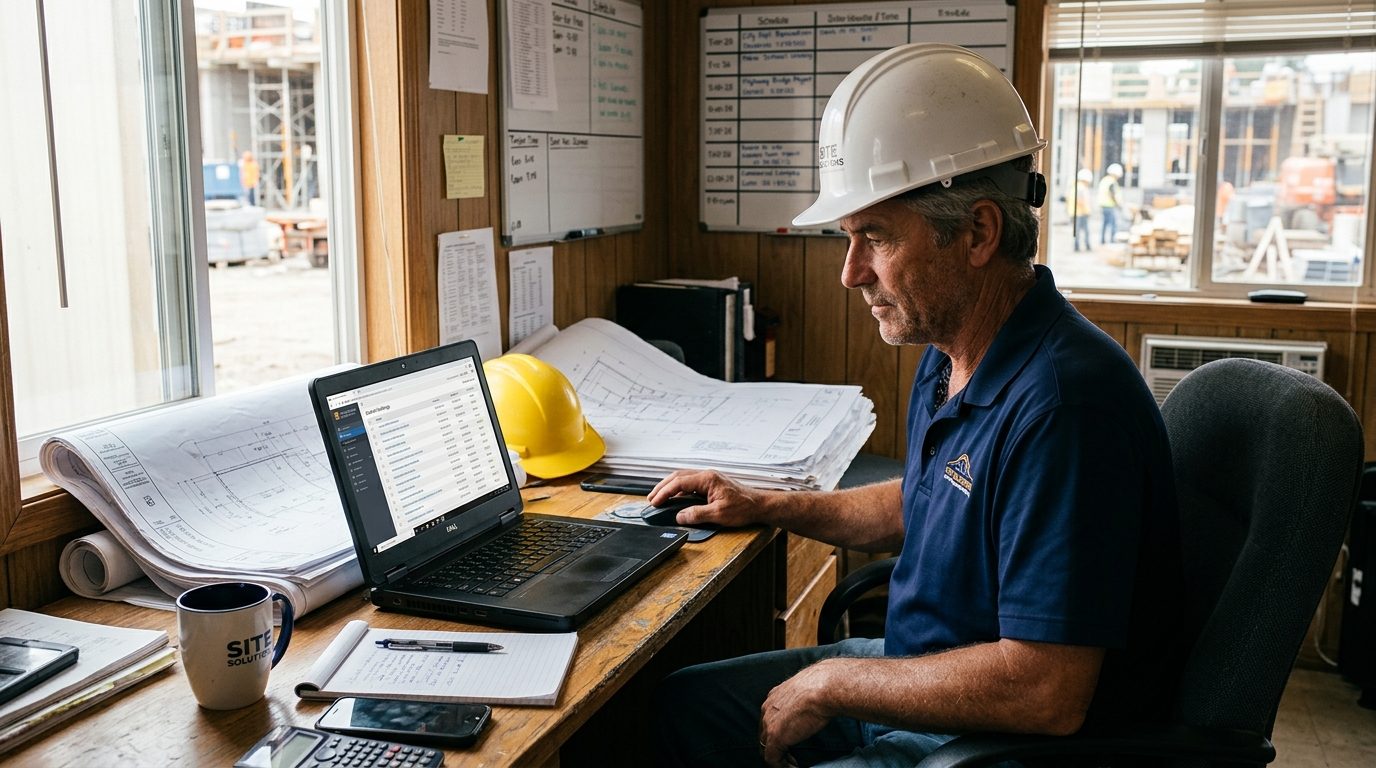 Construction business owner reviewing tender alerts on a laptop at a job site office